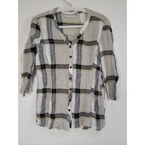 Habitat Womens XS Beige/Gray Plaid Button-Up Crinkle Linen Blend Top 3/4 Sleeve